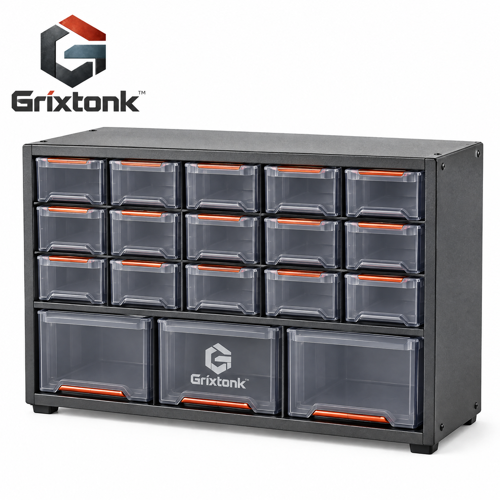 Grixtonk™ PartGrid Tool Parts Cabinet – Multi-Drawer Hardware Organizer for Screws, Nuts, Bolts & Workshop Supplies