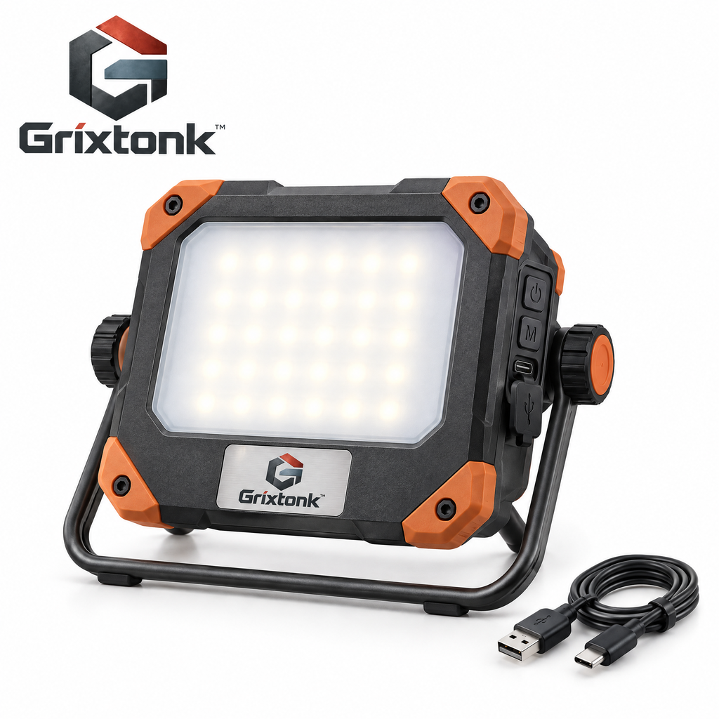 Grixtonk™ WideBeam Rechargeable Flood Light – Portable LED Area Light with Adjustable Stand for Workshop, Garage & Outdoor Projects