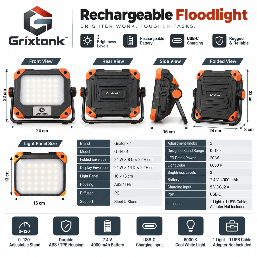 Grixtonk™ WideBeam Rechargeable Flood Light – Portable LED Area Light with Adjustable Stand for Workshop, Garage & Outdoor Projects