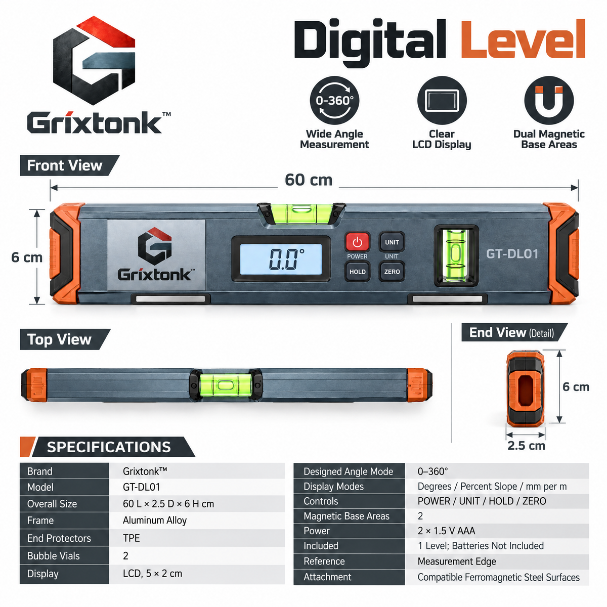 Grixtonk™ AngleView Digital Level – Electronic Angle Finder with LCD Display for Installation, Woodworking & DIY Projects