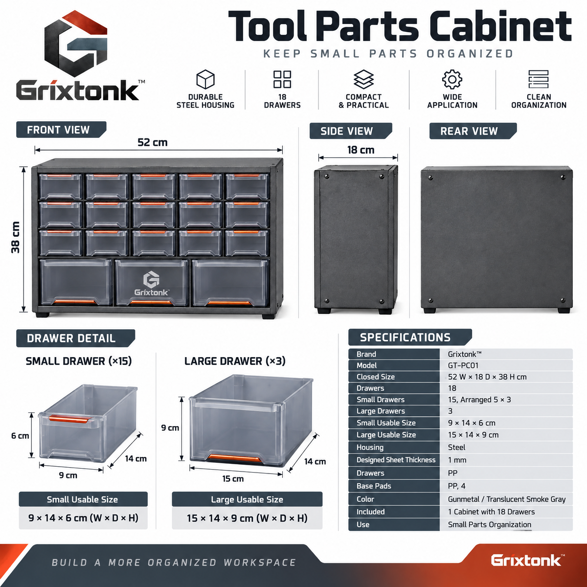 Grixtonk™ PartGrid Tool Parts Cabinet – Multi-Drawer Hardware Organizer for Screws, Nuts, Bolts & Workshop Supplies