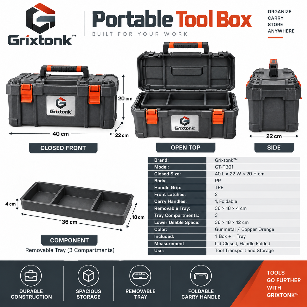 Grixtonk™ WorkCarry Portable Tool Box – Rugged Hand-Carry Organizer with Removable Tray for Tools, Hardware & Repair Gear