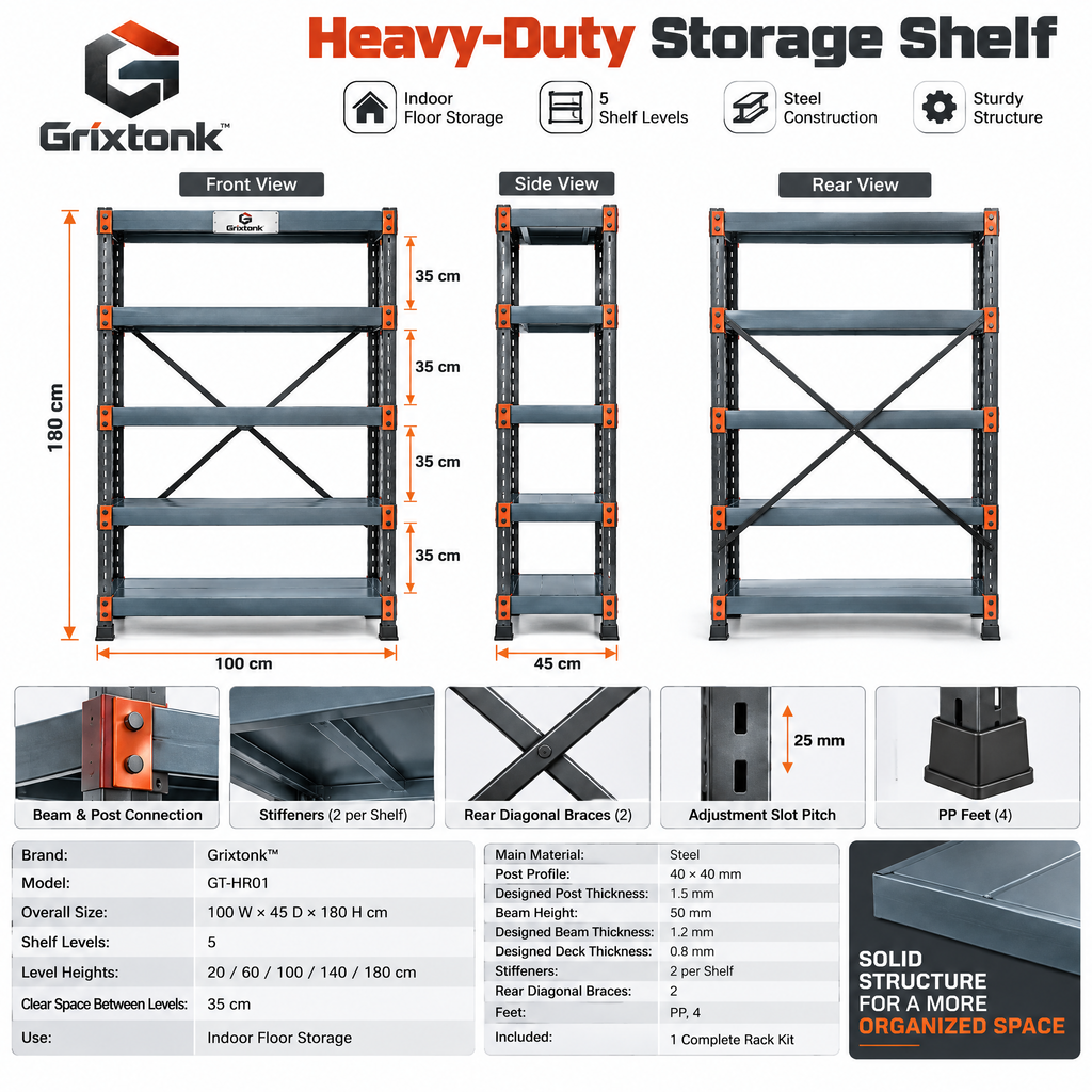 Grixtonk™ LoadFrame Heavy-Duty Storage Rack – Multi-Tier Steel Shelving Unit for Garage, Workshop & Utility Storage