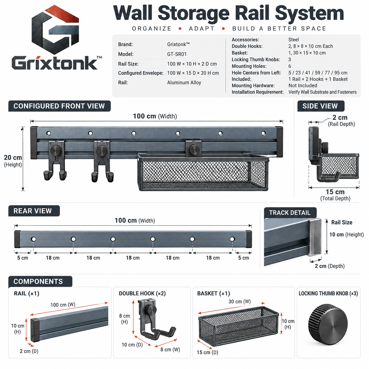 Grixtonk™ WallSpan Modular Storage Track – Customizable Wall Rail System for Tools, Bins & Garage Organization