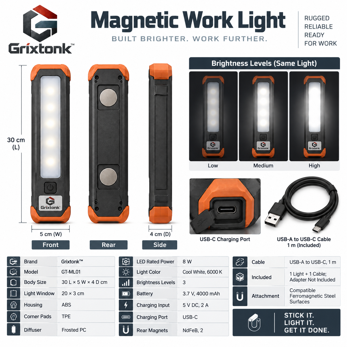 Grixtonk™ MagPivot Magnetic Work Light – Rechargeable LED Task Light with Rotating Stand for Garage, Workshop & Repair Projects
