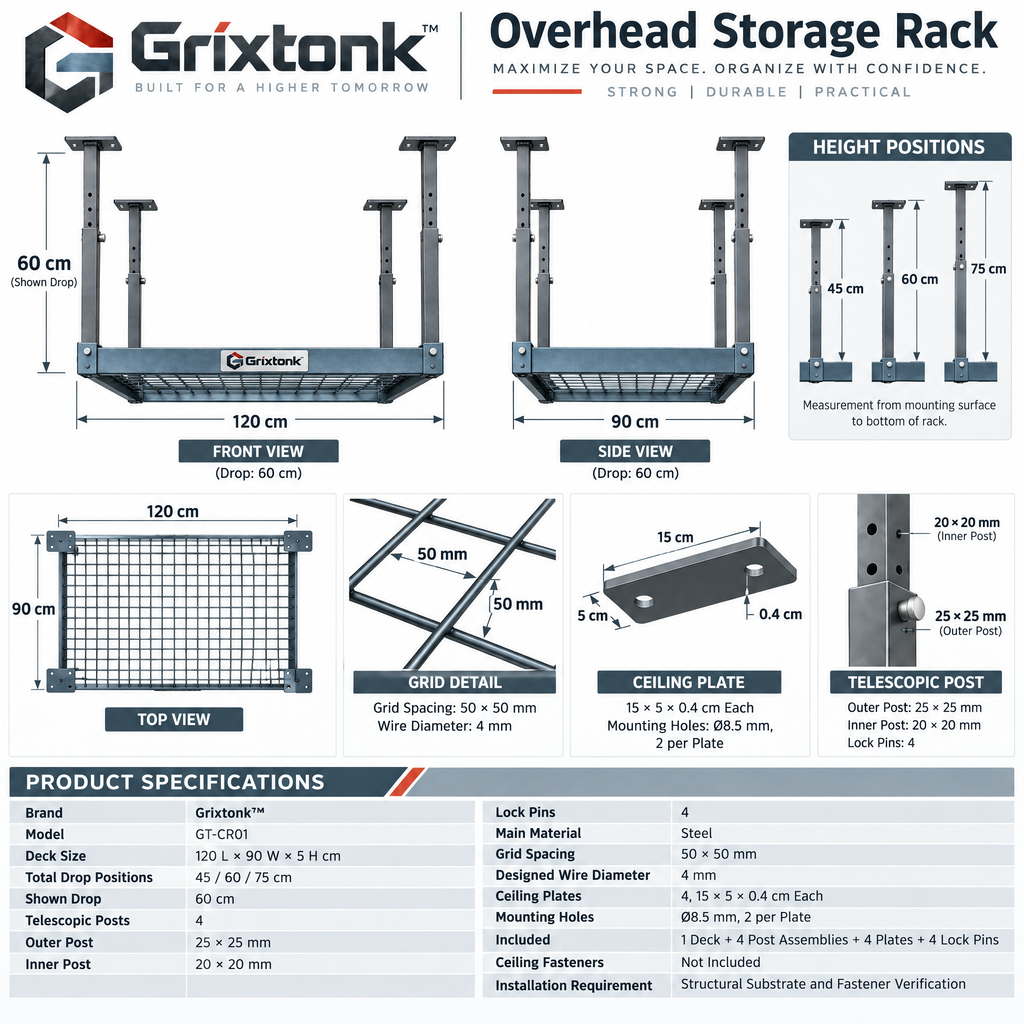 Grixtonk™ OverLift Ceiling Storage Rack – Adjustable Overhead Garage Organizer for Storage Bins, Seasonal Gear & Bulky Supplies
