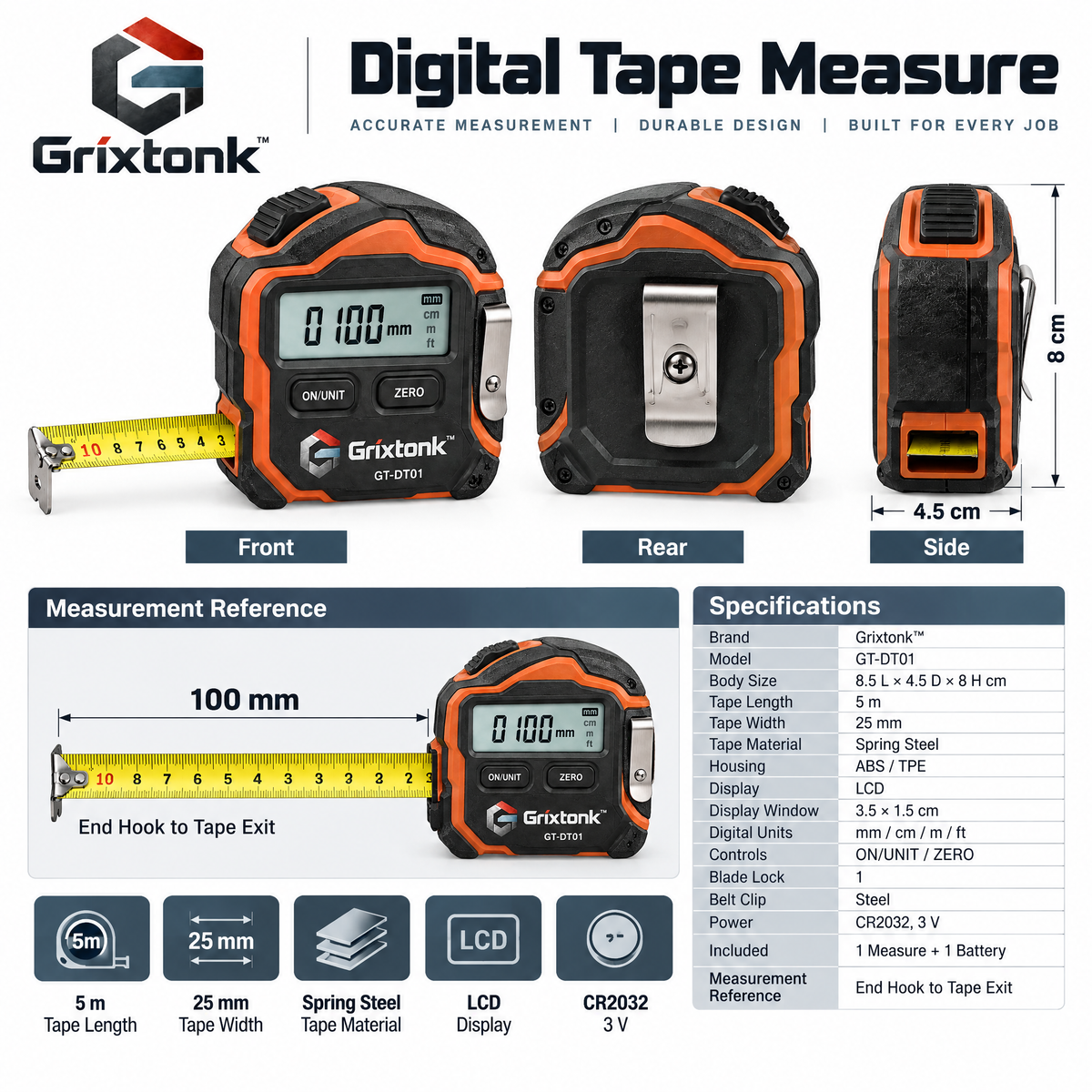 Grixtonk™ MeasureSync Digital Tape Measure – Smart LCD Measuring Tool with Retractable Blade for Home, Workshop & DIY Projects
