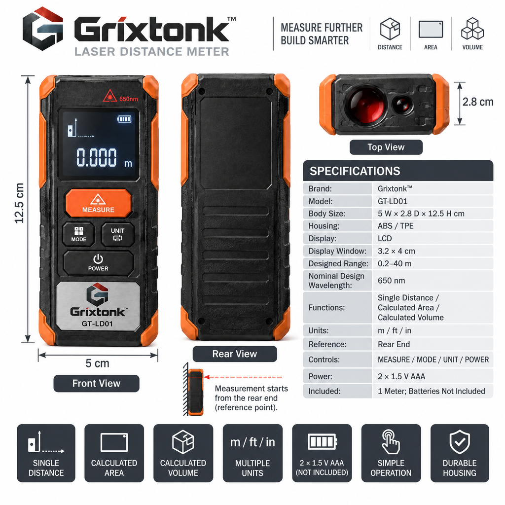 Grixtonk™ BeamPoint Laser Distance Meter – Digital Measuring Tool for Room Dimensions, Renovation, Construction & DIY Projects