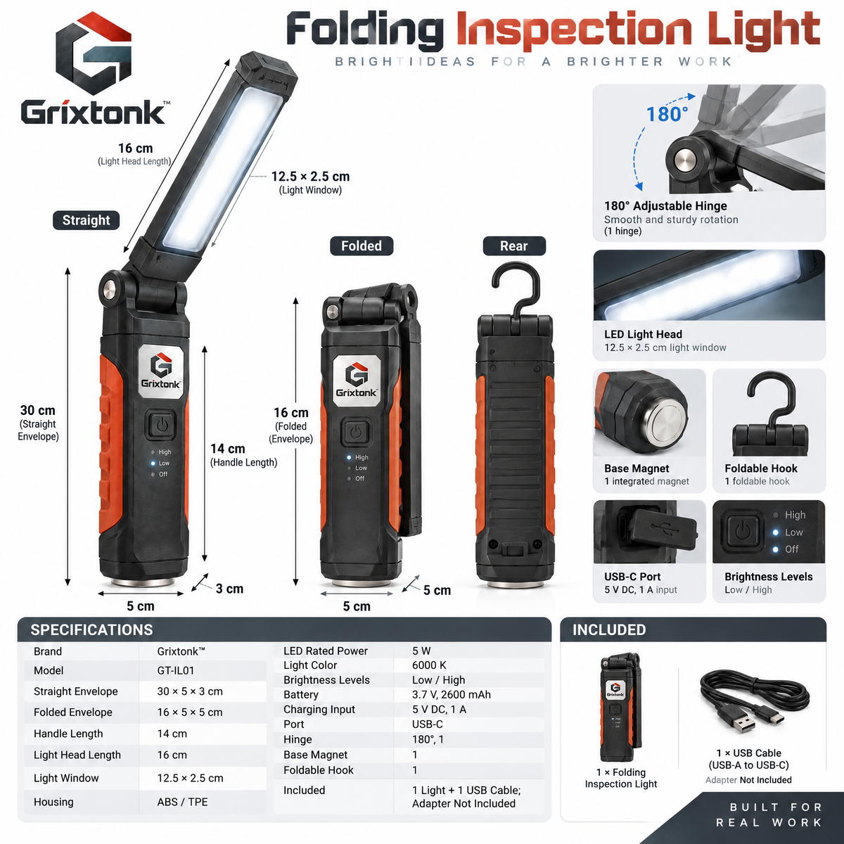 Grixtonk™ FlexFold Folding Inspection Light – Rechargeable LED Work Lamp with Adjustable Light Bar for Repair, Maintenance & Workshop Use
