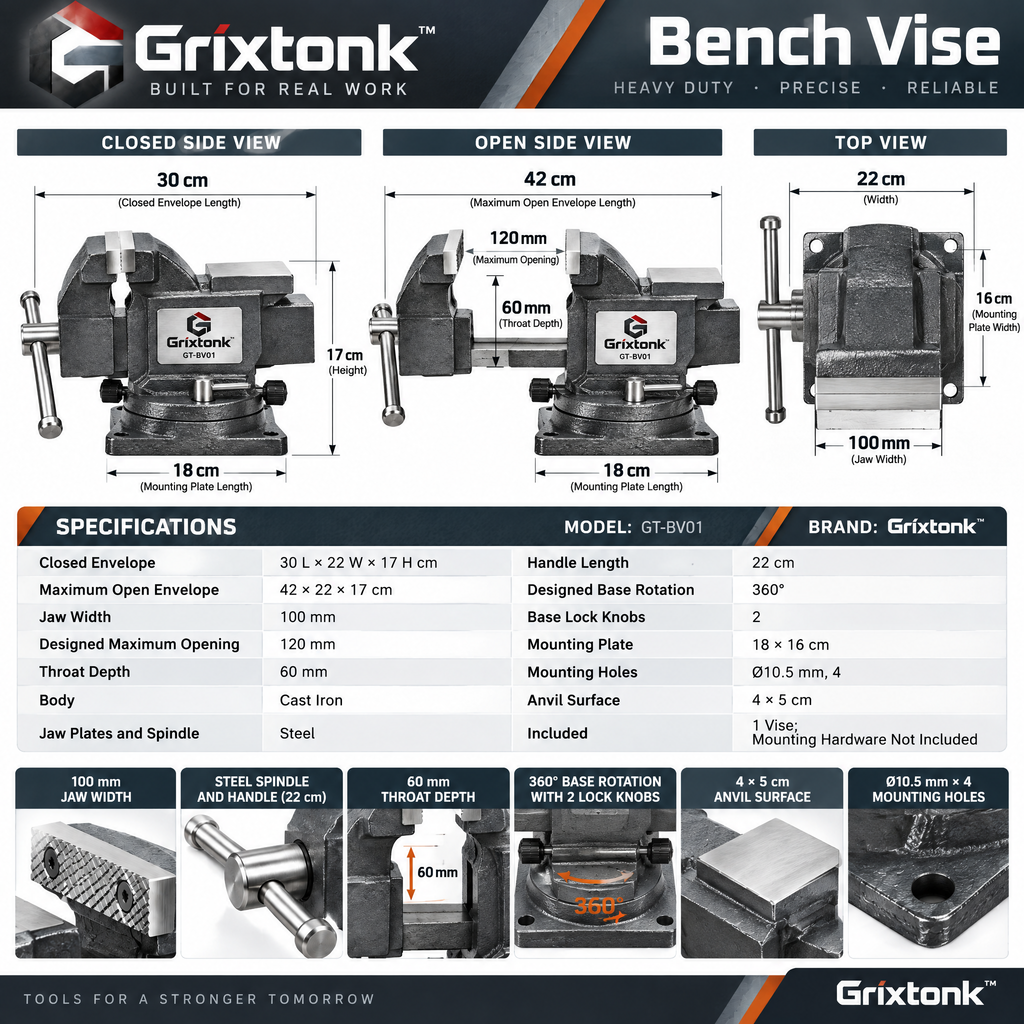 Grixtonk™ BenchLock Workshop Vise – Heavy-Duty Bench-Mounted Clamping Tool for Woodworking, Metalwork & Home Repairs