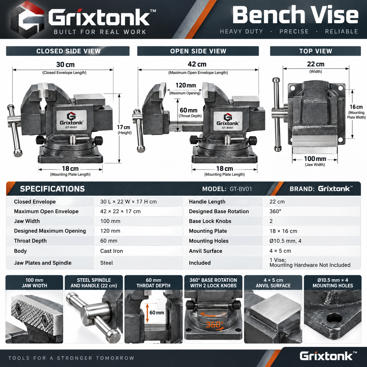 Grixtonk™ BenchLock Workshop Vise – Heavy-Duty Bench-Mounted Clamping Tool for Woodworking, Metalwork & Home Repairs