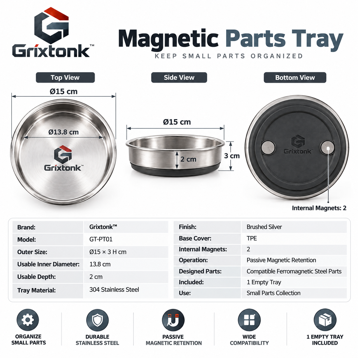 Grixtonk™ MagNest Magnetic Parts Tray – Metal Hardware Holder for Screws, Nuts, Bolts & Small Workshop Parts