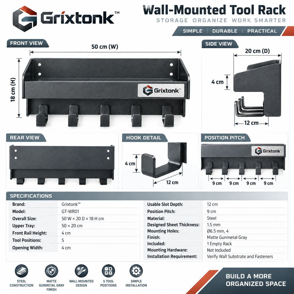 Grixtonk™ GearRail Wall-Mounted Tool Rack – Heavy-Duty Garage Organizer for Hand Tools, Garden Equipment & Workshop Storage