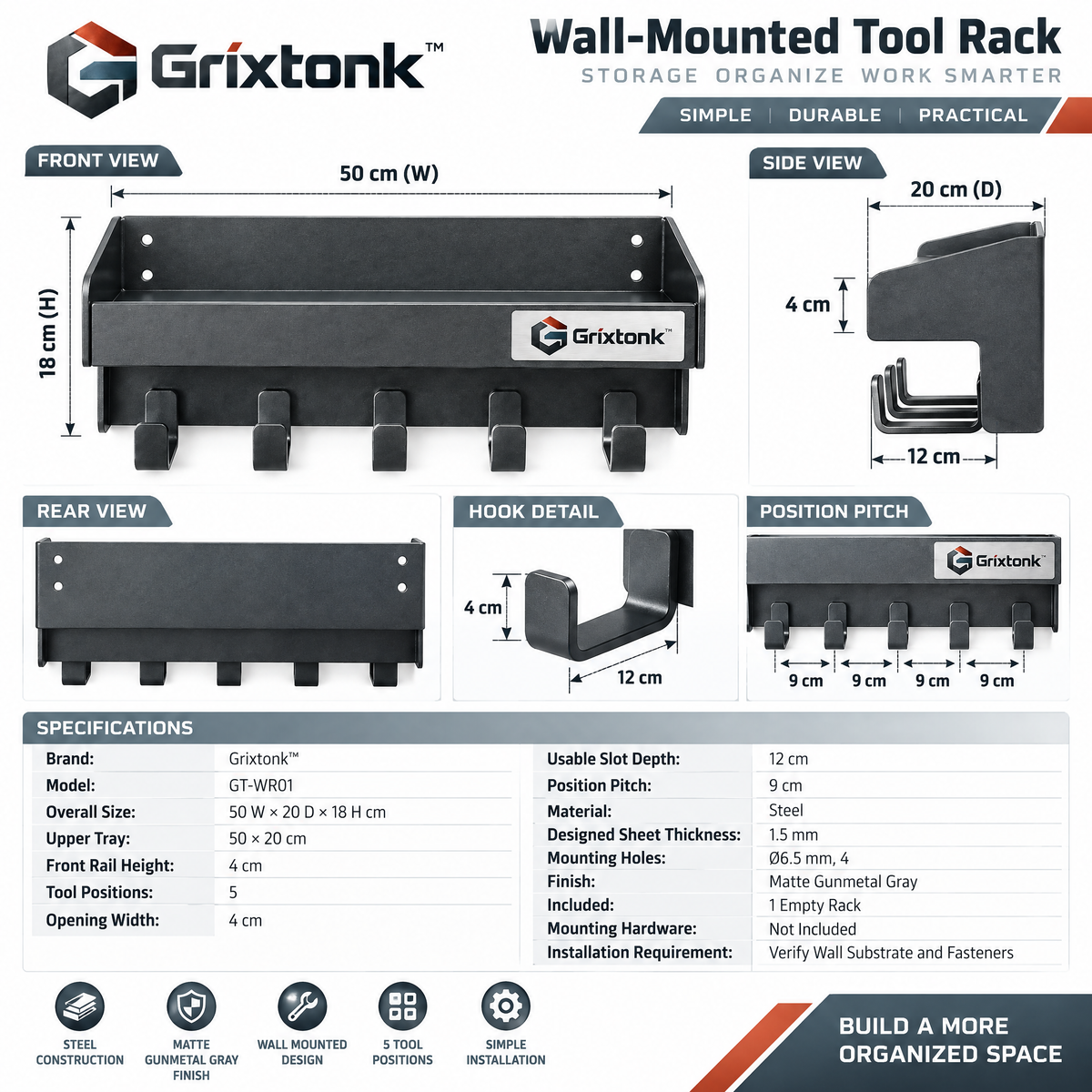 Grixtonk™ GearRail Wall-Mounted Tool Rack – Heavy-Duty Garage Organizer for Hand Tools, Garden Equipment & Workshop Storage