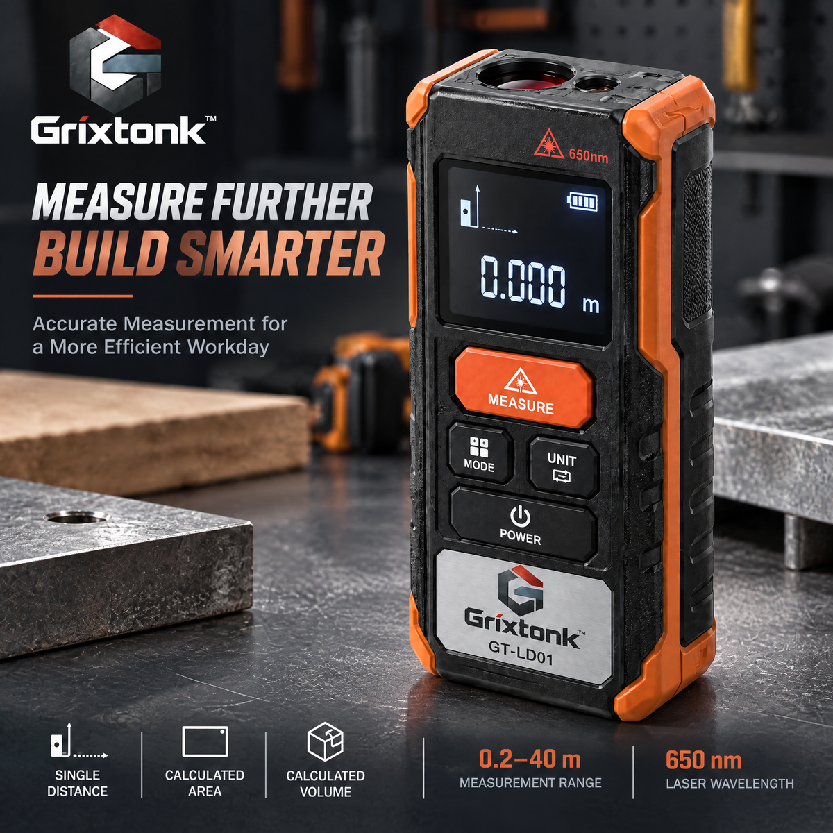 Grixtonk™ BeamPoint Laser Distance Meter – Digital Measuring Tool for Room Dimensions, Renovation, Construction & DIY Projects