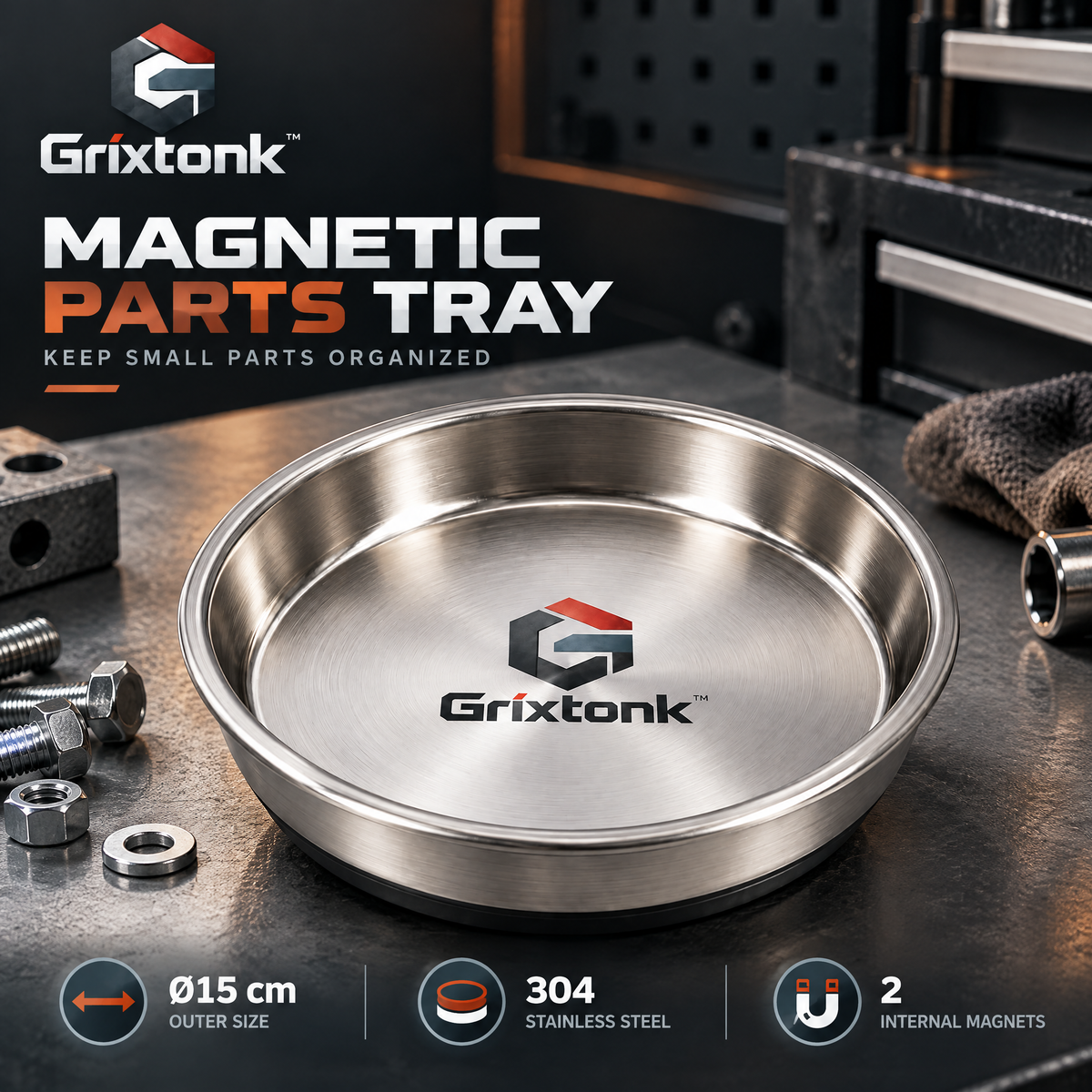 Grixtonk™ MagNest Magnetic Parts Tray – Metal Hardware Holder for Screws, Nuts, Bolts & Small Workshop Parts
