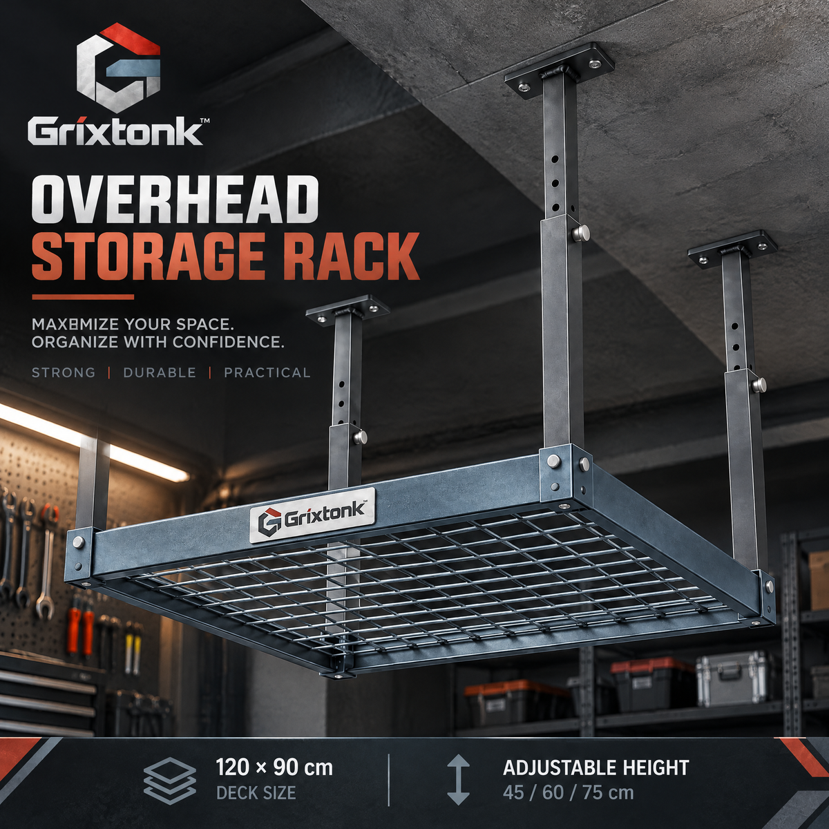 Grixtonk™ OverLift Ceiling Storage Rack – Adjustable Overhead Garage Organizer for Storage Bins, Seasonal Gear & Bulky Supplies