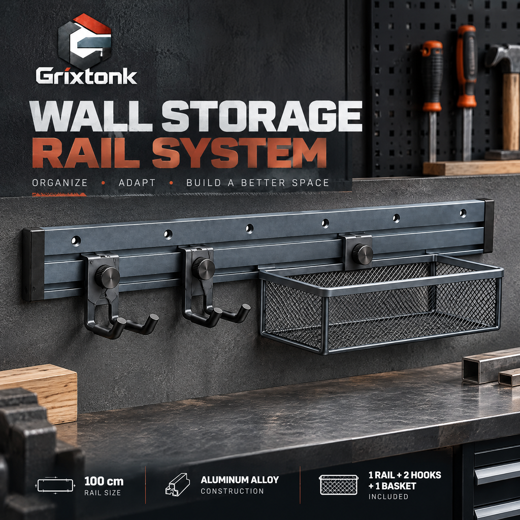 Grixtonk™ WallSpan Modular Storage Track – Customizable Wall Rail System for Tools, Bins & Garage Organization