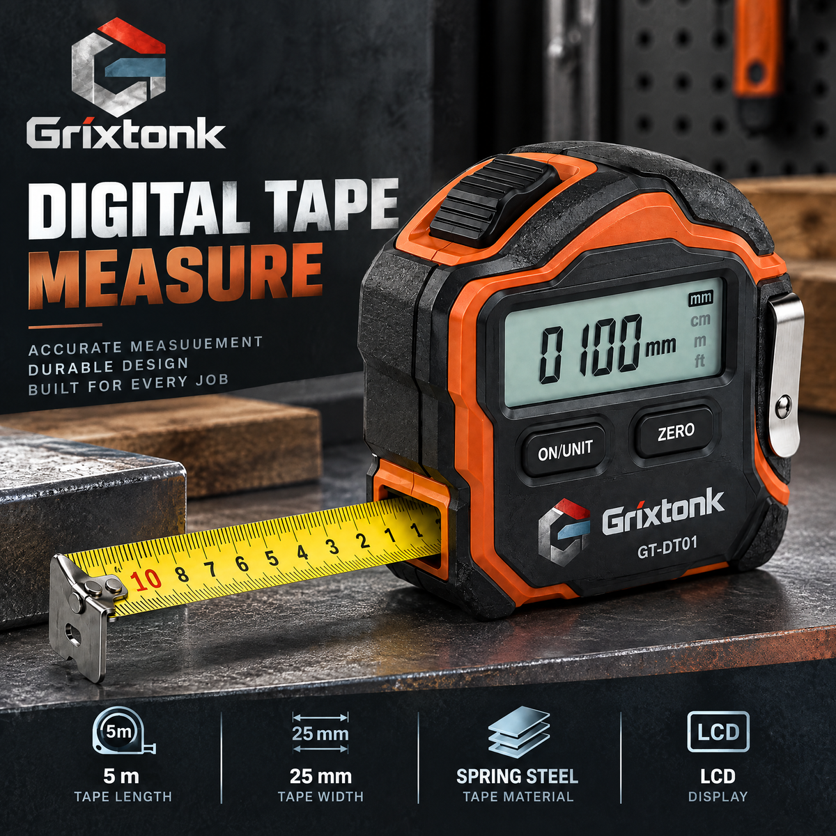 Grixtonk™ MeasureSync Digital Tape Measure – Smart LCD Measuring Tool with Retractable Blade for Home, Workshop & DIY Projects
