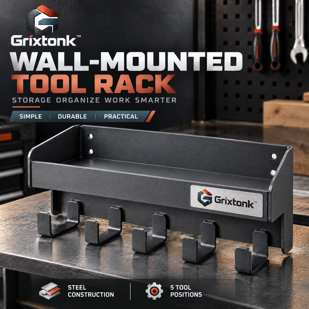 Grixtonk™ GearRail Wall-Mounted Tool Rack – Heavy-Duty Garage Organizer for Hand Tools, Garden Equipment & Workshop Storage