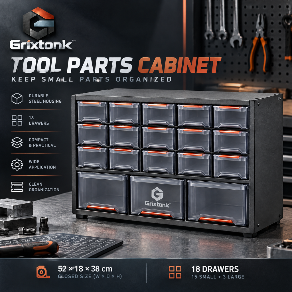 Grixtonk™ PartGrid Tool Parts Cabinet – Multi-Drawer Hardware Organizer for Screws, Nuts, Bolts & Workshop Supplies