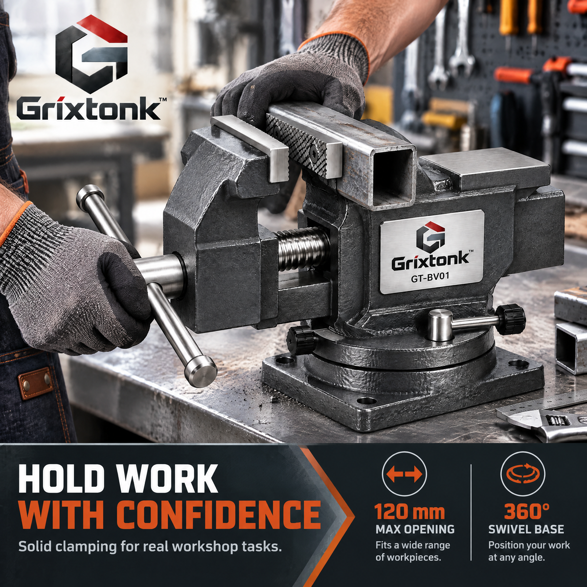 Grixtonk™ BenchLock Workshop Vise – Heavy-Duty Bench-Mounted Clamping Tool for Woodworking, Metalwork & Home Repairs