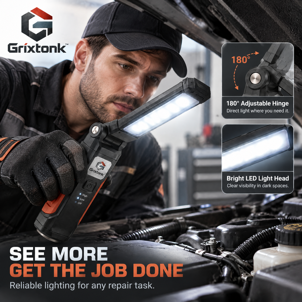 Grixtonk™ FlexFold Folding Inspection Light – Rechargeable LED Work Lamp with Adjustable Light Bar for Repair, Maintenance & Workshop Use