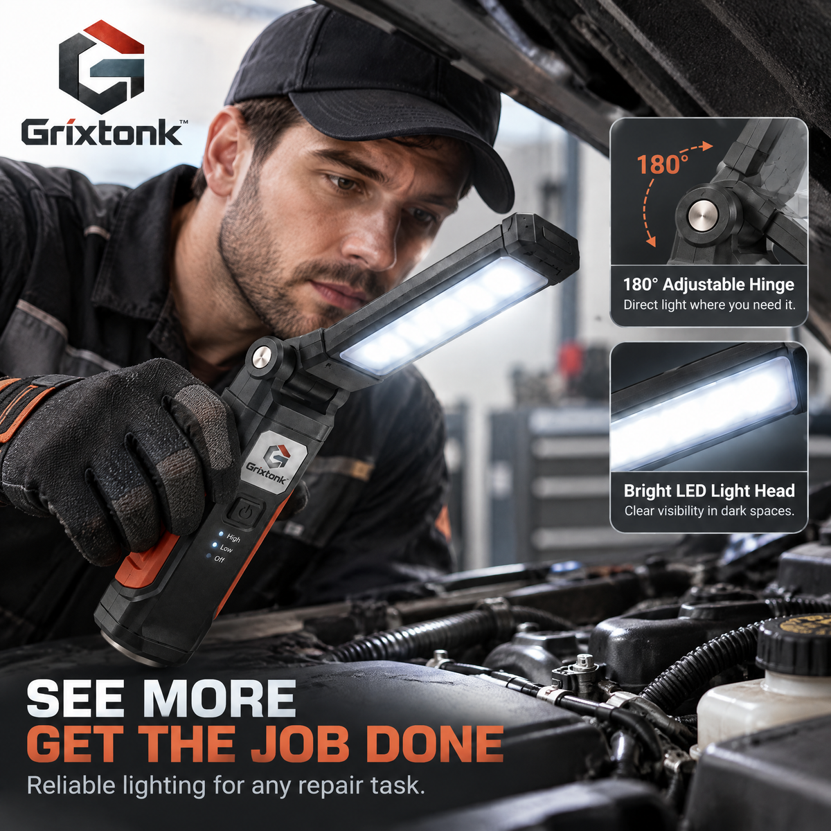 Grixtonk™ FlexFold Folding Inspection Light – Rechargeable LED Work Lamp with Adjustable Light Bar for Repair, Maintenance & Workshop Use