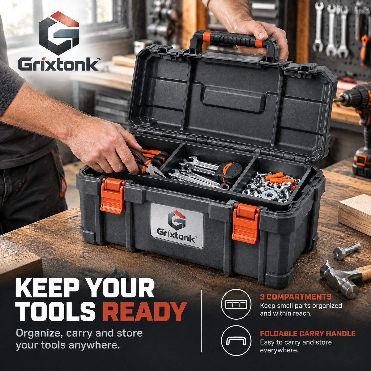 Grixtonk™ WorkCarry Portable Tool Box – Rugged Hand-Carry Organizer with Removable Tray for Tools, Hardware & Repair Gear