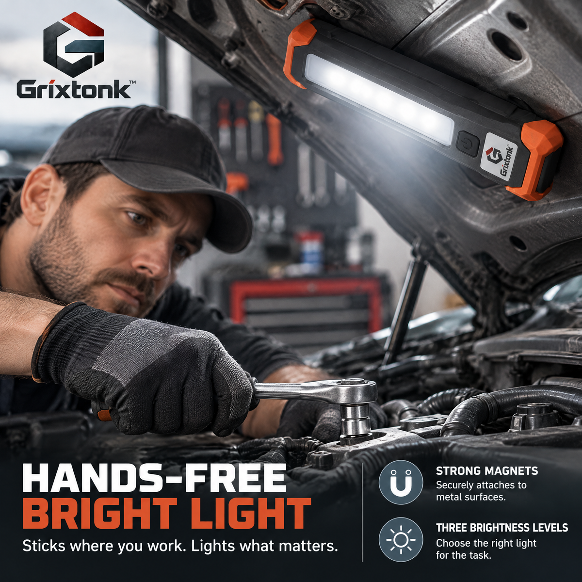 Grixtonk™ MagPivot Magnetic Work Light – Rechargeable LED Task Light with Rotating Stand for Garage, Workshop & Repair Projects