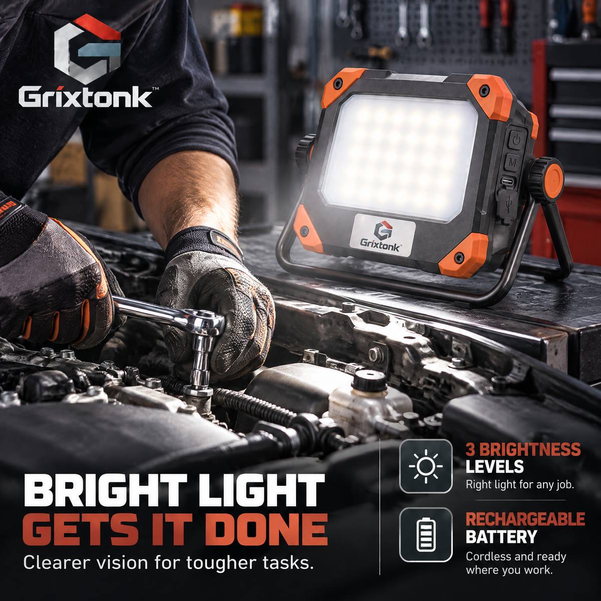 Grixtonk™ WideBeam Rechargeable Flood Light – Portable LED Area Light with Adjustable Stand for Workshop, Garage & Outdoor Projects