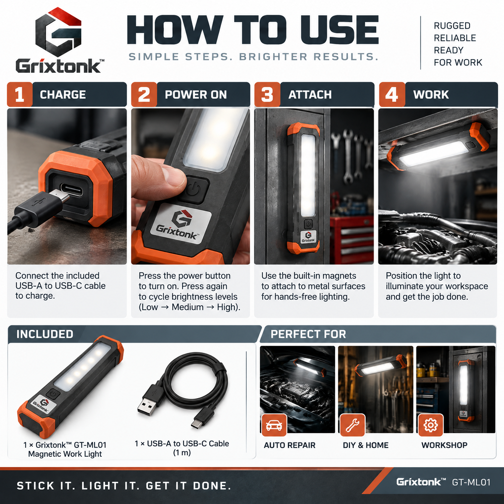 Grixtonk™ MagPivot Magnetic Work Light – Rechargeable LED Task Light with Rotating Stand for Garage, Workshop & Repair Projects