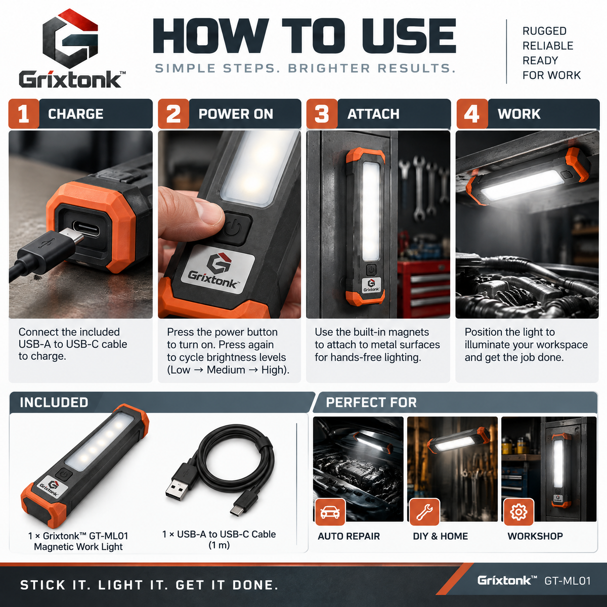 Grixtonk™ MagPivot Magnetic Work Light – Rechargeable LED Task Light with Rotating Stand for Garage, Workshop & Repair Projects