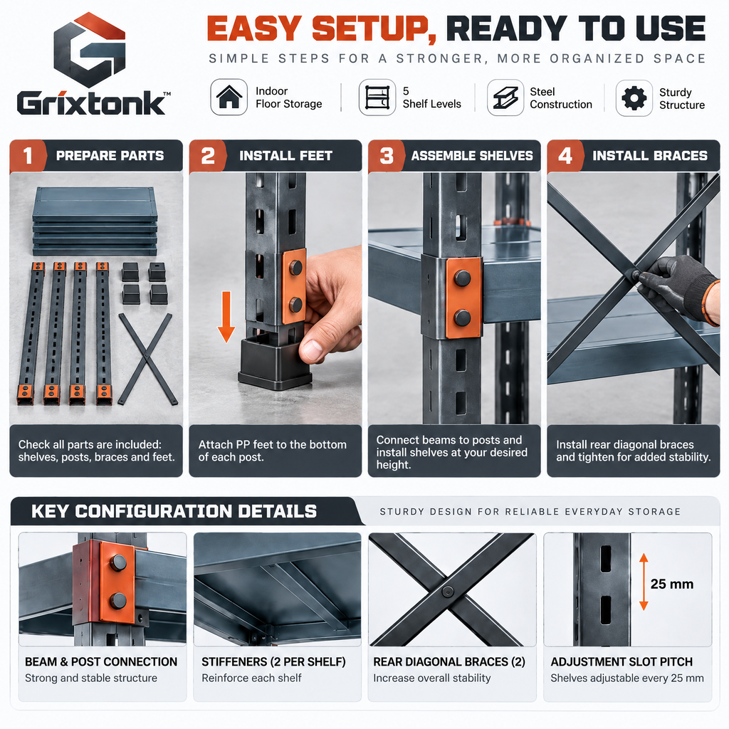 Grixtonk™ LoadFrame Heavy-Duty Storage Rack – Multi-Tier Steel Shelving Unit for Garage, Workshop & Utility Storage