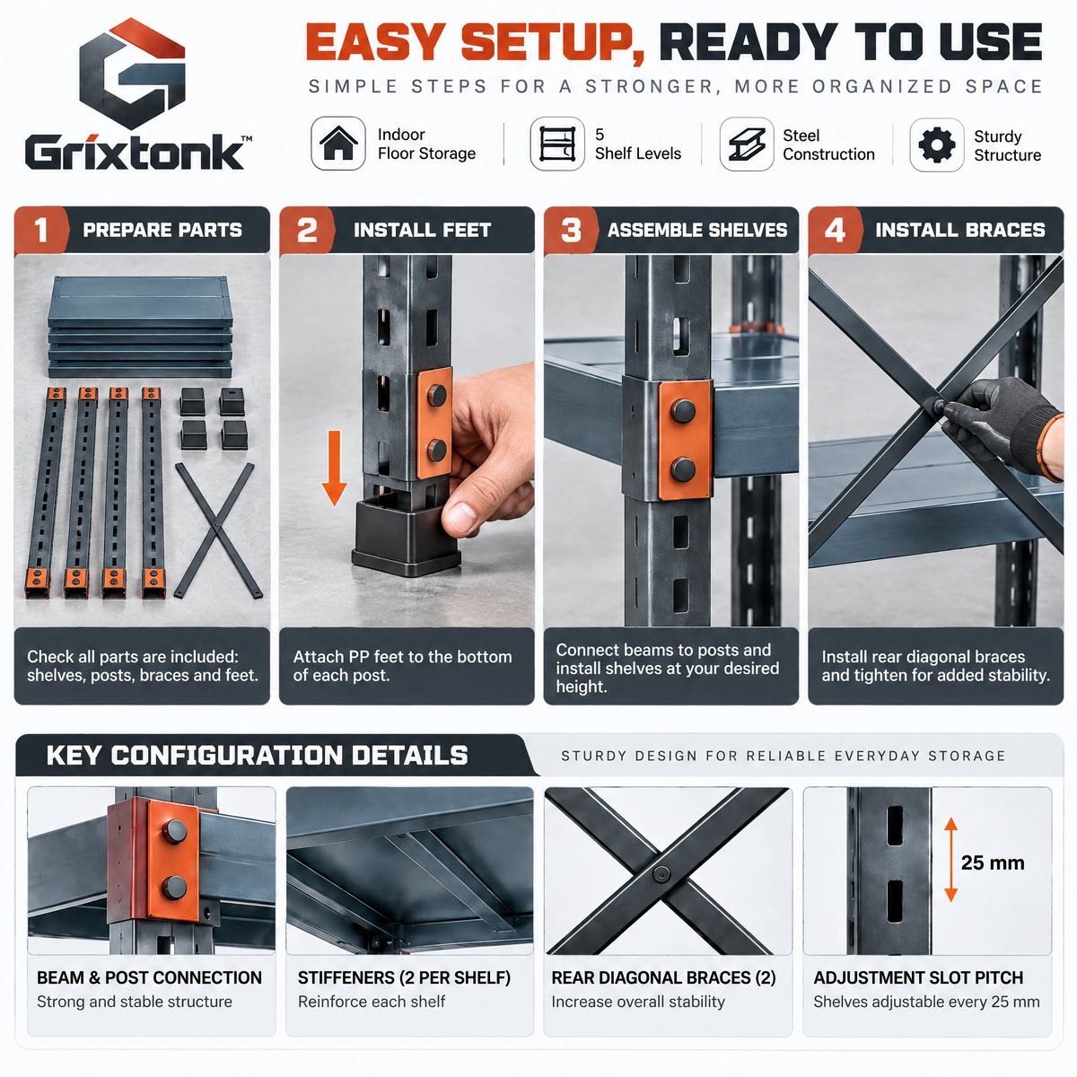 Grixtonk™ LoadFrame Heavy-Duty Storage Rack – Multi-Tier Steel Shelving Unit for Garage, Workshop & Utility Storage