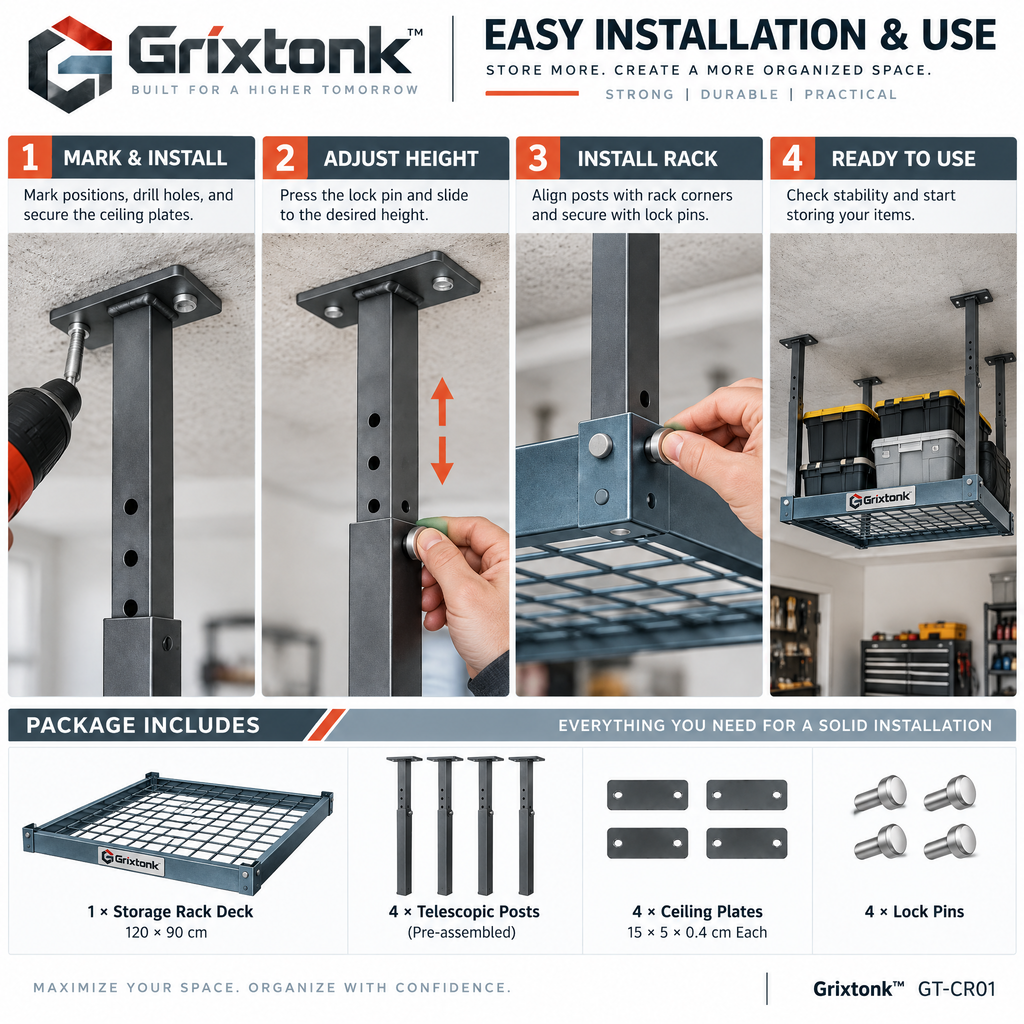 Grixtonk™ OverLift Ceiling Storage Rack – Adjustable Overhead Garage Organizer for Storage Bins, Seasonal Gear & Bulky Supplies