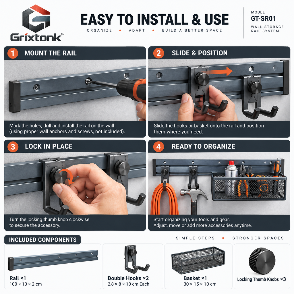 Grixtonk™ WallSpan Modular Storage Track – Customizable Wall Rail System for Tools, Bins & Garage Organization