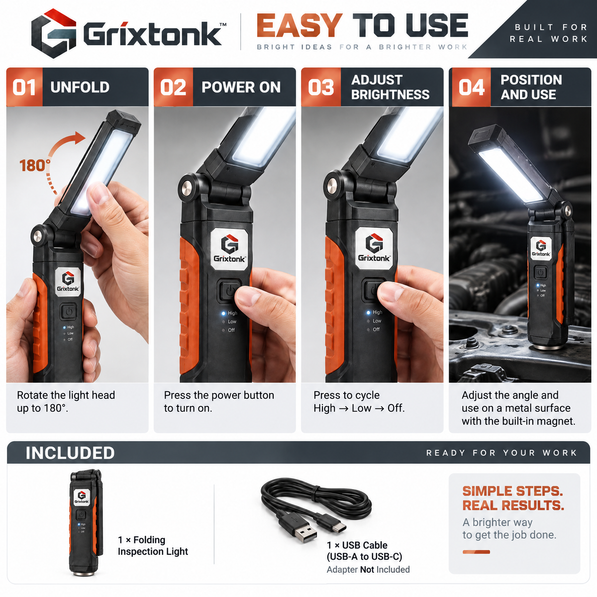 Grixtonk™ FlexFold Folding Inspection Light – Rechargeable LED Work Lamp with Adjustable Light Bar for Repair, Maintenance & Workshop Use