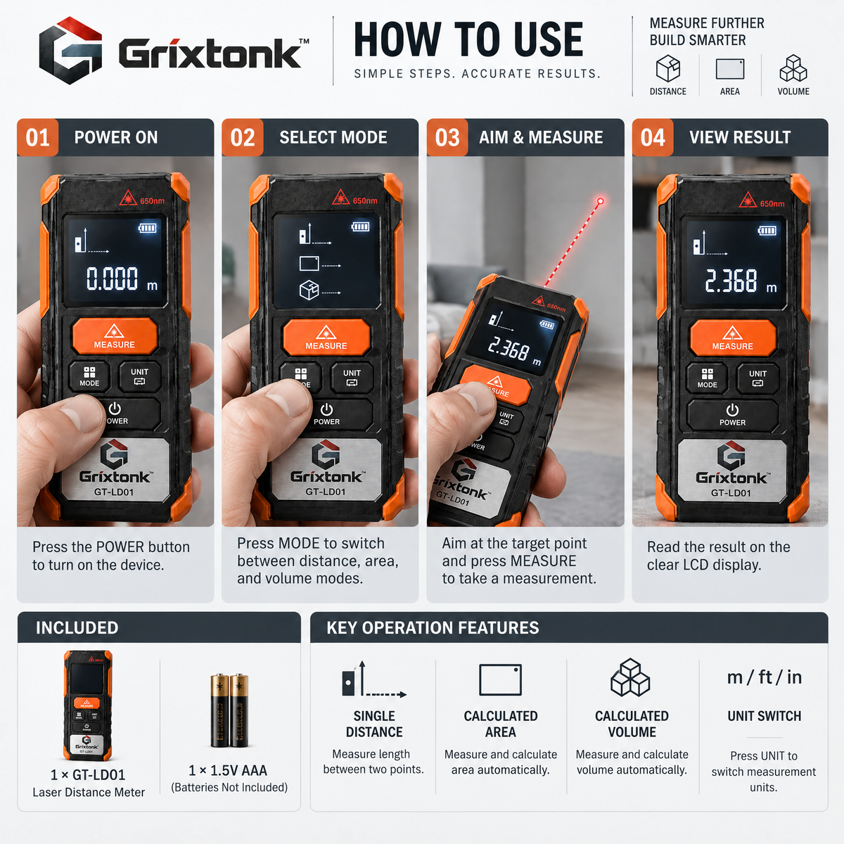 Grixtonk™ BeamPoint Laser Distance Meter – Digital Measuring Tool for Room Dimensions, Renovation, Construction & DIY Projects