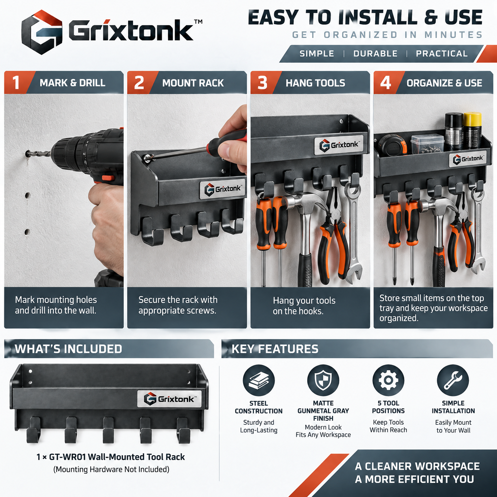 Grixtonk™ GearRail Wall-Mounted Tool Rack – Heavy-Duty Garage Organizer for Hand Tools, Garden Equipment & Workshop Storage