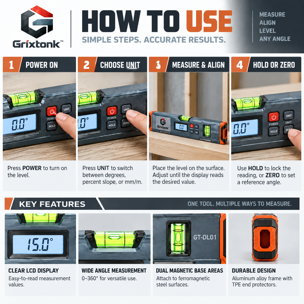Grixtonk™ AngleView Digital Level – Electronic Angle Finder with LCD Display for Installation, Woodworking & DIY Projects