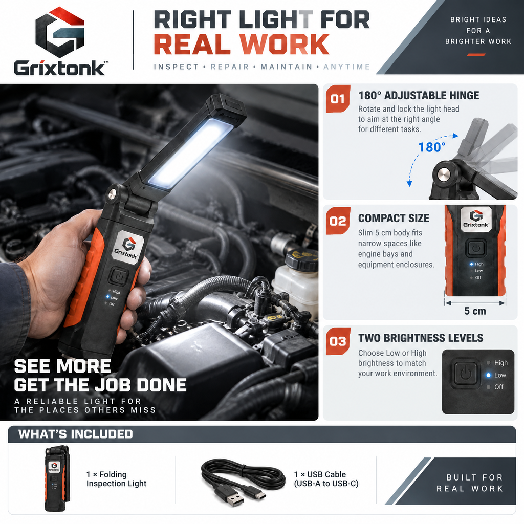 Grixtonk™ FlexFold Folding Inspection Light – Rechargeable LED Work Lamp with Adjustable Light Bar for Repair, Maintenance & Workshop Use