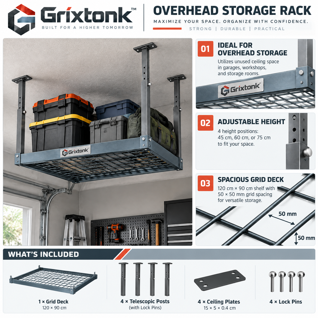 Grixtonk™ OverLift Ceiling Storage Rack – Adjustable Overhead Garage Organizer for Storage Bins, Seasonal Gear & Bulky Supplies