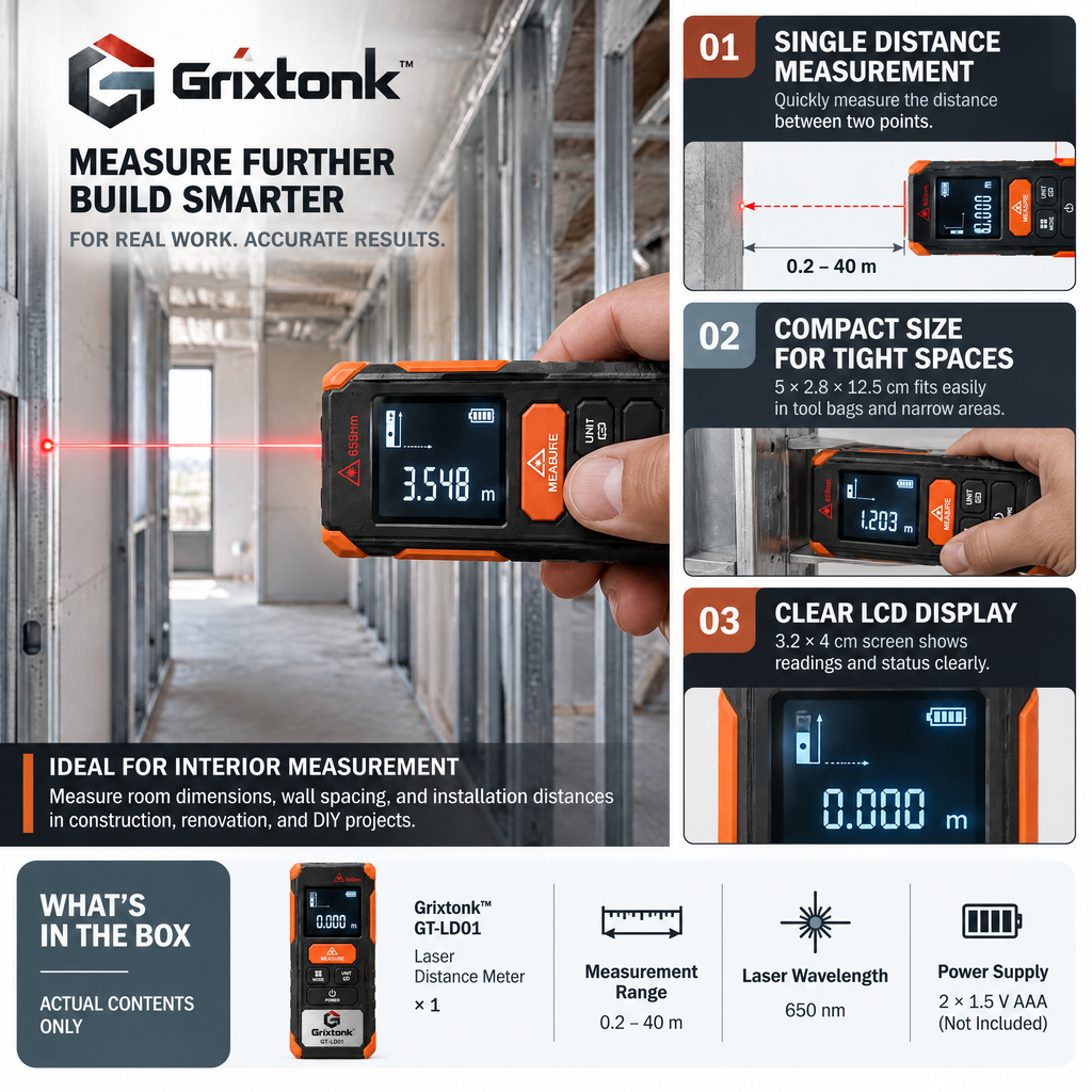 Grixtonk™ BeamPoint Laser Distance Meter – Digital Measuring Tool for Room Dimensions, Renovation, Construction & DIY Projects