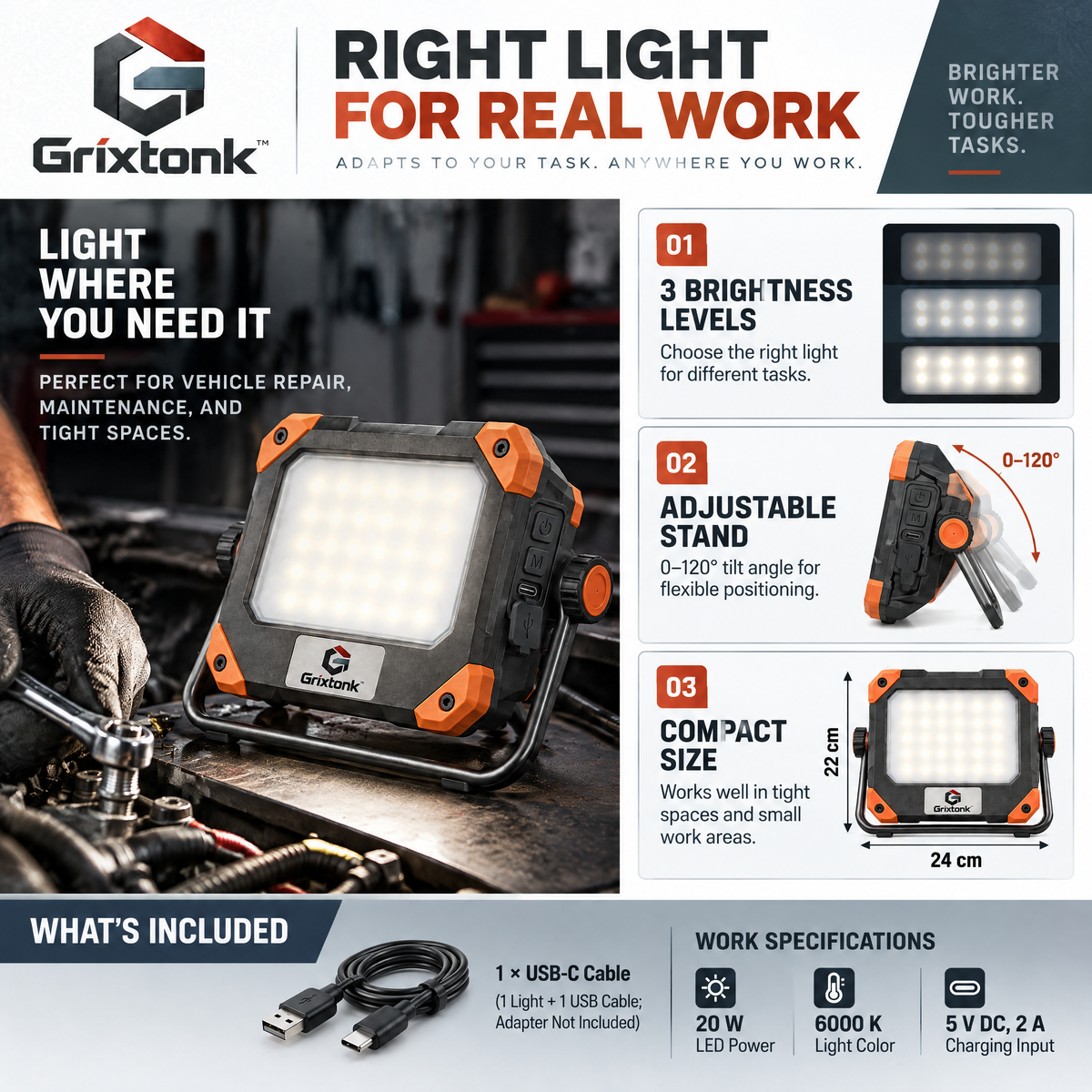 Grixtonk™ WideBeam Rechargeable Flood Light – Portable LED Area Light with Adjustable Stand for Workshop, Garage & Outdoor Projects