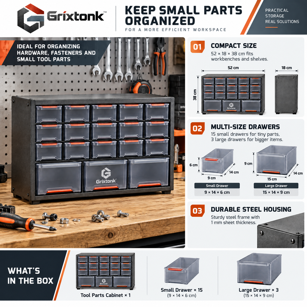 Grixtonk™ PartGrid Tool Parts Cabinet – Multi-Drawer Hardware Organizer for Screws, Nuts, Bolts & Workshop Supplies