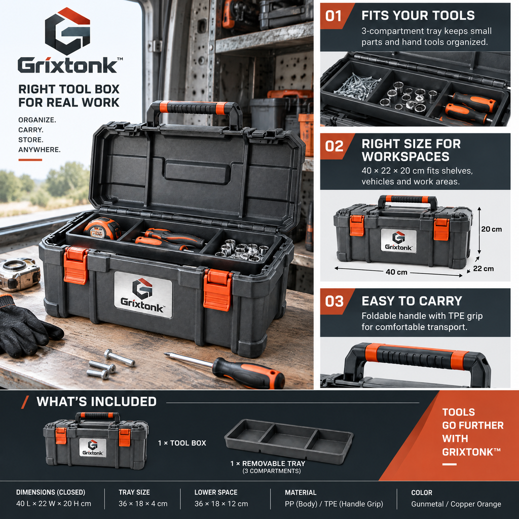 Grixtonk™ WorkCarry Portable Tool Box – Rugged Hand-Carry Organizer with Removable Tray for Tools, Hardware & Repair Gear