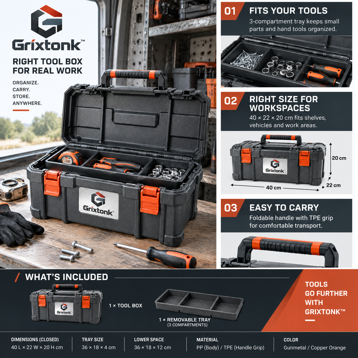 Grixtonk™ WorkCarry Portable Tool Box – Rugged Hand-Carry Organizer with Removable Tray for Tools, Hardware & Repair Gear