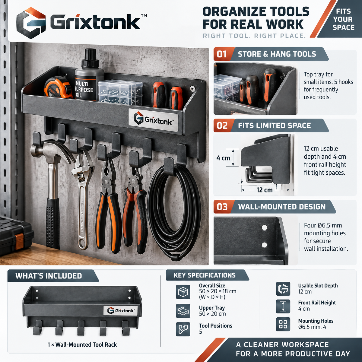 Grixtonk™ GearRail Wall-Mounted Tool Rack – Heavy-Duty Garage Organizer for Hand Tools, Garden Equipment & Workshop Storage