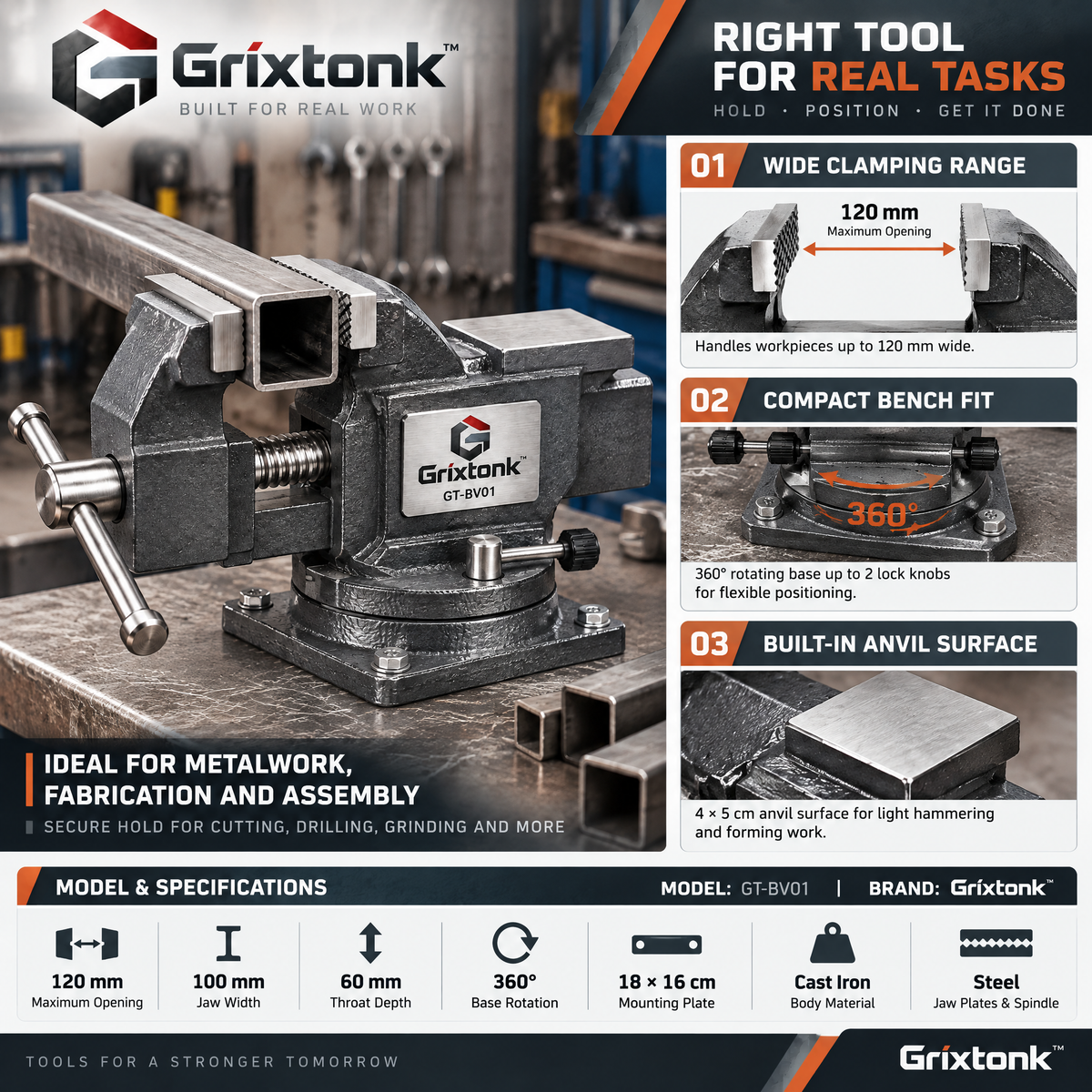 Grixtonk™ BenchLock Workshop Vise – Heavy-Duty Bench-Mounted Clamping Tool for Woodworking, Metalwork & Home Repairs